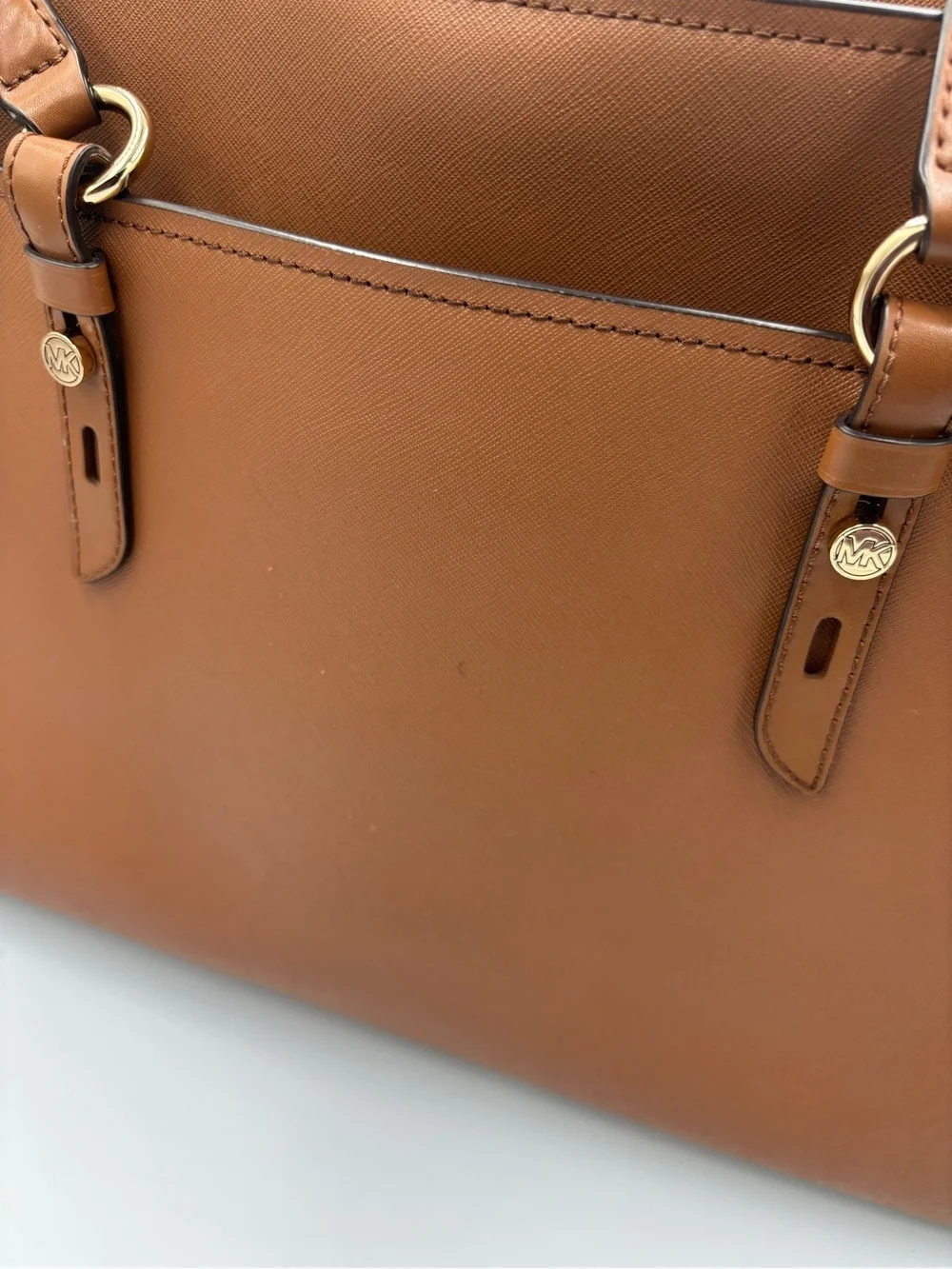 Michael Kors Large Brown Leather Tote Shoulder Bag Gold MK Charm Tassel